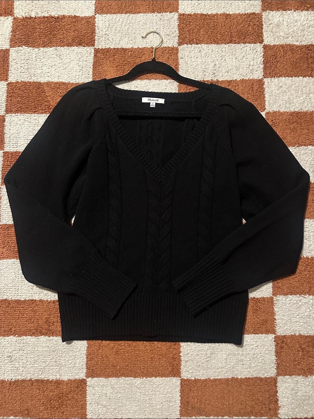 Madewell Black V-Neck 100% Merino Cable-Knit Sweater